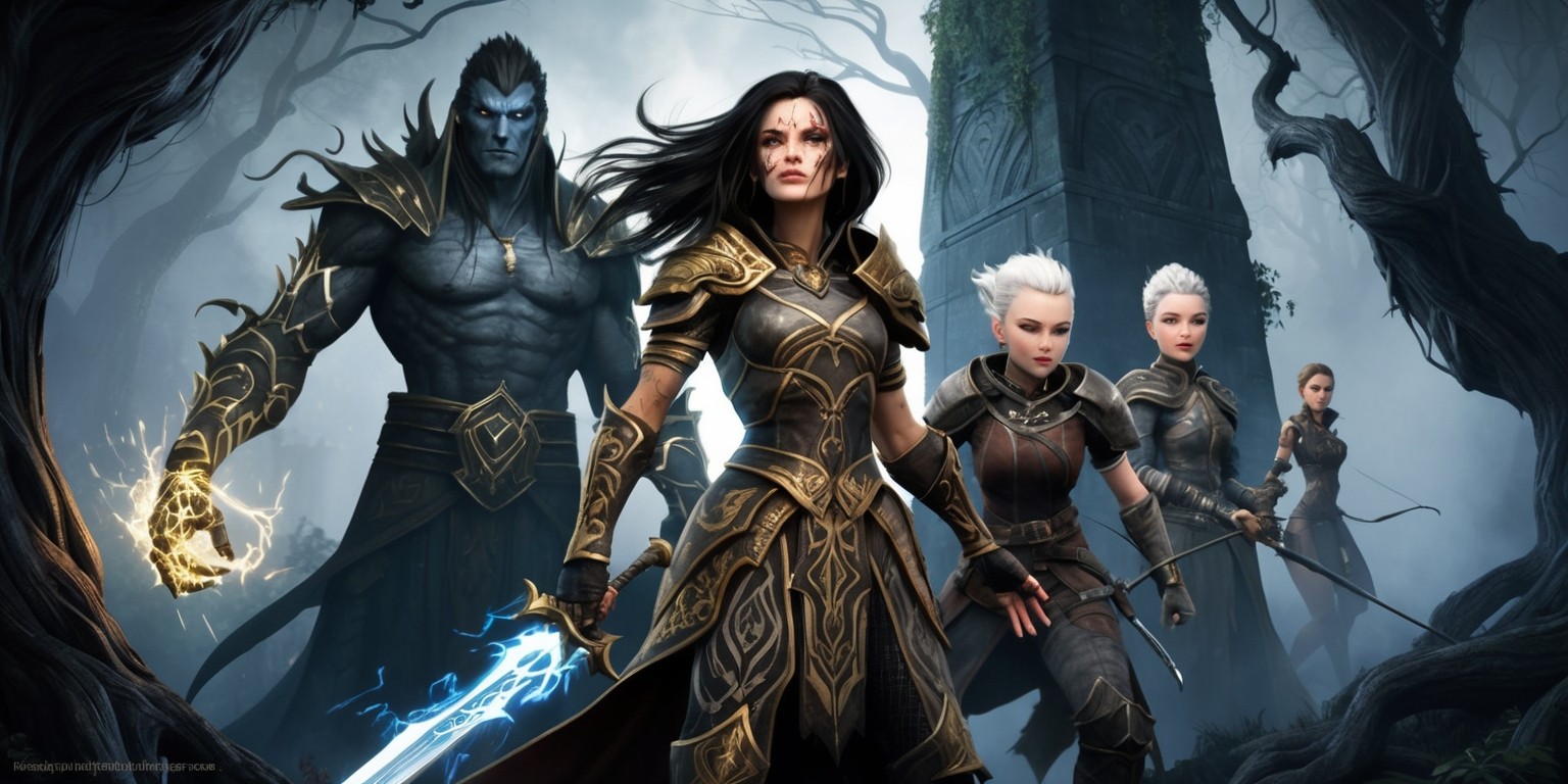 A dramatic scene from Dragon Age: The Veilguard game, depicting a heroic party of warriors standing victorious amidst a dark, mystical forest, surrounded by eerie mist and ancient, twisted trees that seem to hold secrets of the Fade. The party is led by a strong-jawed, raven-haired female warrior, her scarred face illuminated by the soft glow of luminescent runes etched into her ornate armor, her sword still crackling with magical energy. To her left stands a towering, muscular mage with piercing blue eyes and jet-black skin, his intricately tattooed arms aglow with arcane power. Behind them, a lithe, agile rogue with porcelain skin and short, spiky white hair peers out from behind a towering stone monument, her crossbow at the ready. The atmosphere is heavy with tension, the very air thick with the weight of the Veil's secrets, as if the party has just unearthed a long-forgotten truth. The color palette is dark and muted, with flashes of ethereal blue and gold where the magical energies pulse.