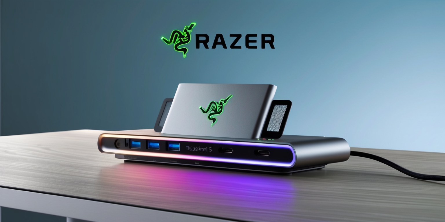 A sleek Razer Thunderbolt 5 Dock Chroma dock with glowing Chroma RGB lighting, situated on a modern desk with a subtle wooden grain texture, featuring a metallic silver finish and angular design, with multiple ports and connections, including Thunderbolt 5 and USB ports, set against a soft, gradient blue background that complements the docking station's colors, with the Razer logo prominently displayed in a bold, futuristic font with a green and black color scheme, and the dock's lighting reflecting a warm, muted glow on the surrounding surface.