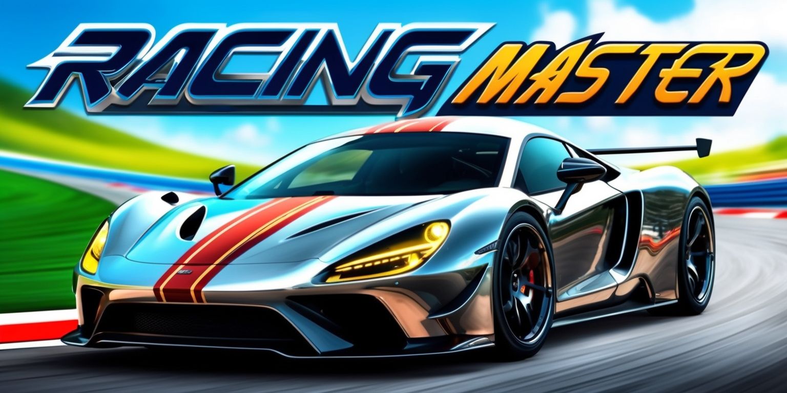 A dynamic digital illustration of the Racing Master game, featuring a sleek, high-performance sports car in the foreground, set against a blurred backdrop of a racing track with vivid green grass and vibrant blue skies, the car's metallic body glistening in shades of silver and red, with bold, golden headlights and a distinctive racing stripe, the game's logo prominently displayed in a modern, uppercase font with sharp, angular lines and a metallic finish, in a bright, electric blue color, positioned at the top of the image, with the game's name written in a stylized, cursive script below the logo, in a warm, sunny yellow color, with the overall scene conveying a sense of speed, energy, and competition.