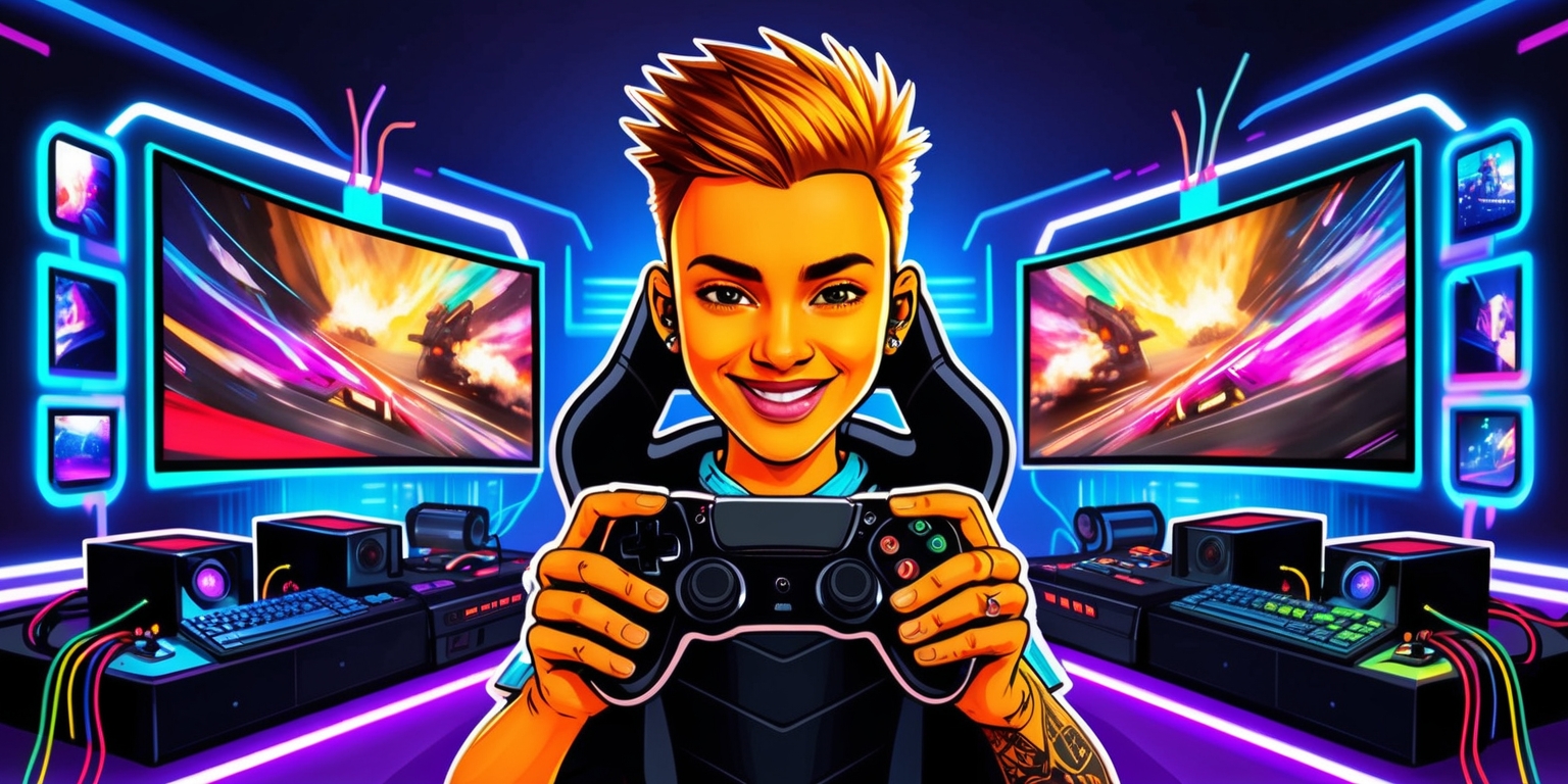 A vibrant and dynamic illustration of a video game livestream event, set against a dark blue or purple background to evoke a sense of excitement and futurism, with neon lights and glowing accents from the gaming equipment and screens. In the center, a young adult streamer with short, spiky hair and a bright, enthusiastic smile, wearing a sleek black gaming chair, surrounded by multiple screens, consoles, and high-tech gadgets, with colorful cables and wires neatly organized. The streamer's skin tone is a warm, golden brown, with a few subtle tattoos and a pair of trendy, black-rimmed glasses perched on the end of their nose. The screens display a mesmerizing, fast-paced gameplay sequence, with vivid colors and dynamic lighting, while the streamer's hands move swiftly and precisely over the controllers. The overall style is edgy, modern, and futuristic, with bold outlines and expressive, dynamic lines, conveying the high-energy atmosphere of a live gaming event.