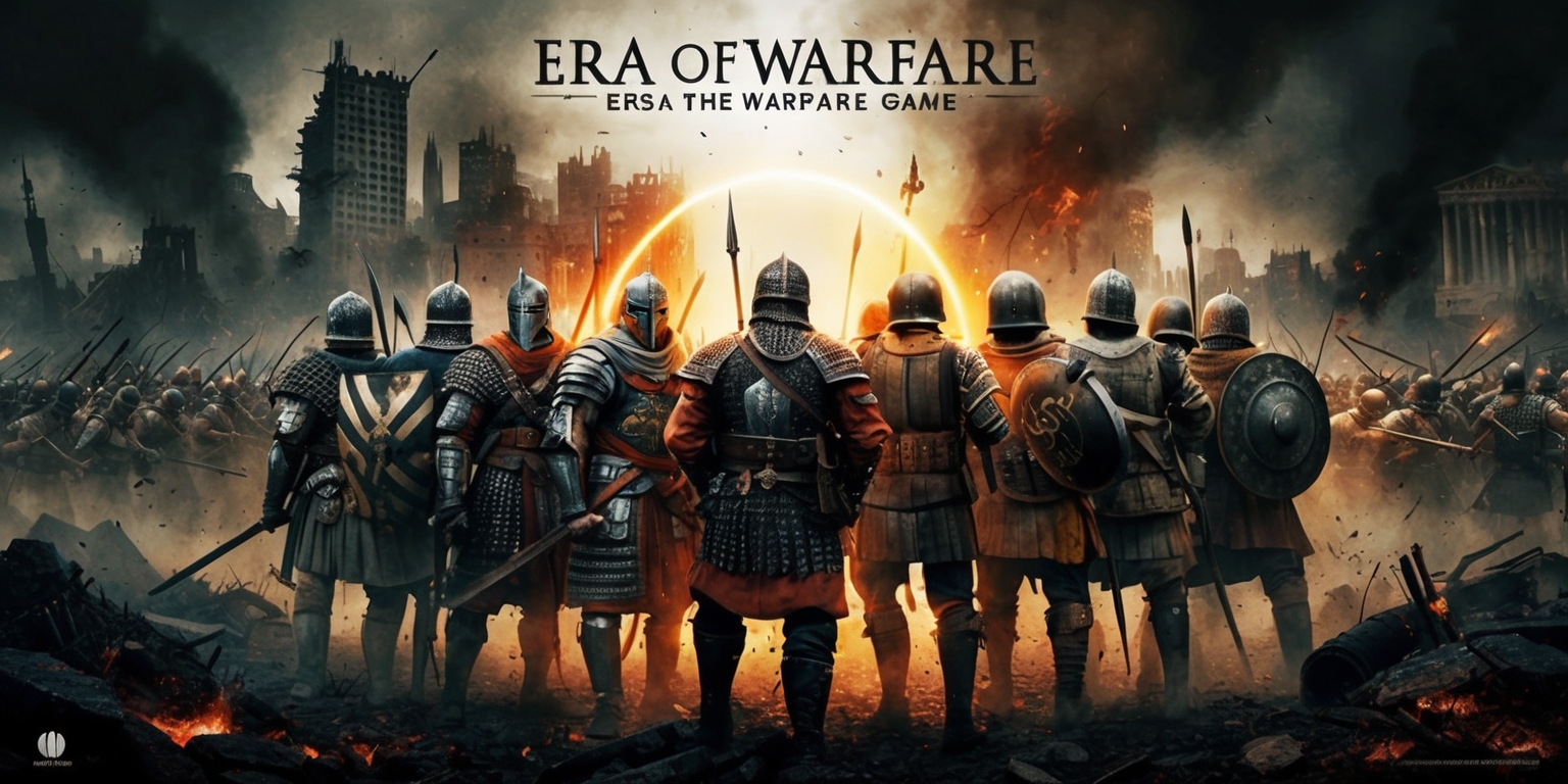 A dramatic and intense illustration depicting the Era of Warfare game, set against a backdrop of a war-torn, apocalyptic landscape with ruins of ancient cities and crumbling skyscrapers, amidst a haze of smoke and fire. In the foreground, a group of heavily armored warriors from different eras, including medieval knights, World War II soldiers, and ancient Greek hoplites, stand united, backs against each other, surrounded by a halo of light, their determined faces lit up by the fiery glow. The atmosphere is dark and gritty, with muted colors such as ash gray, rust red, and charred black, punctuated by flashes of fiery orange and yellow. The warriors' armor is weathered and worn, with intricate details and battle scars. The overall style is a mix of realistic and stylized, with bold lines and textures, evoking a sense of gritty realism and intense action.