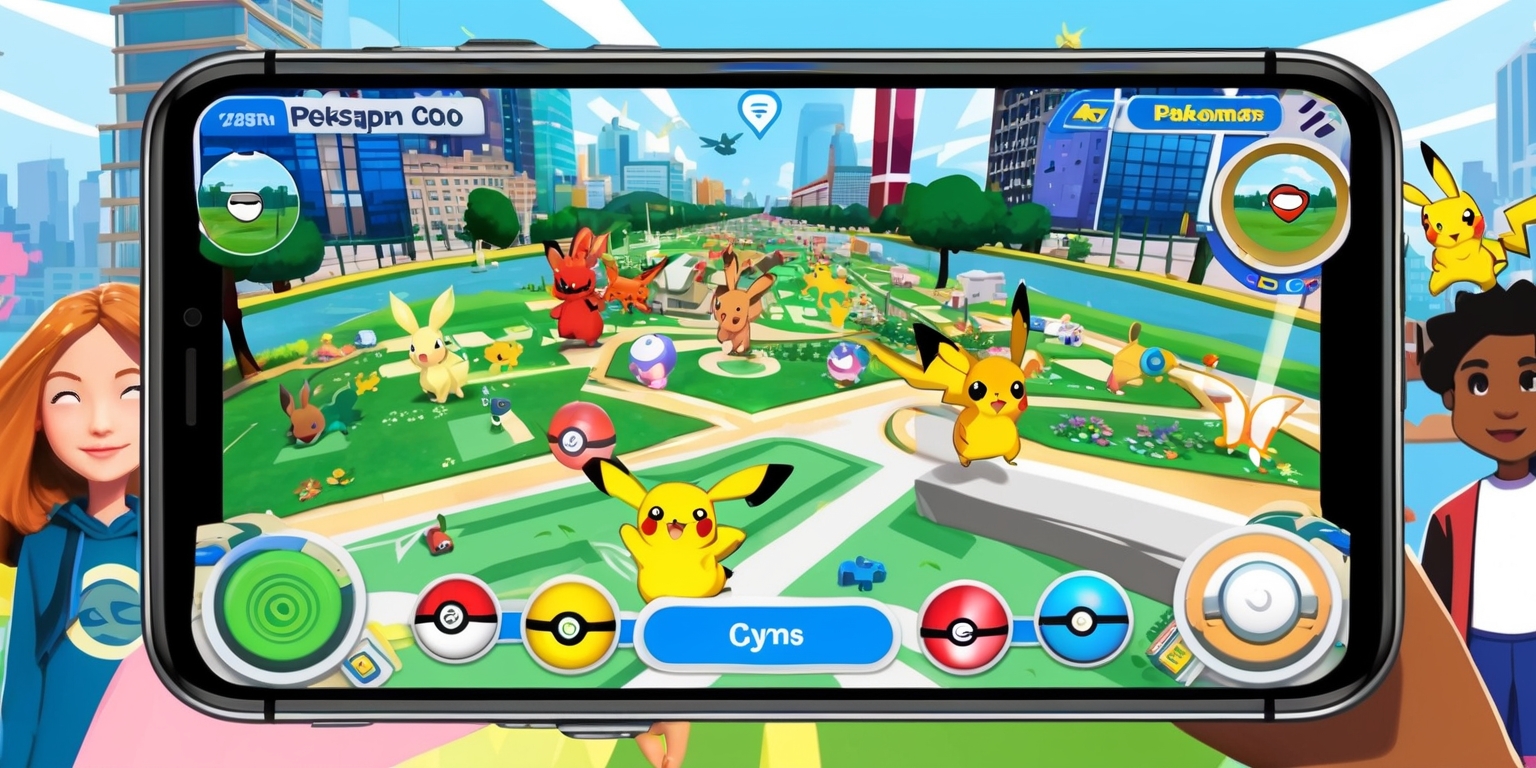 A colorful digital illustration of the Pokémon Go game on a mobile device screen, showcasing a bustling city map with various Pokémon characters, such as Pikachu and Charizard, roaming around, with players' avatars and pokestops, gyms, and pokeballs scattered throughout, the game's user interface elements, including buttons and menus, are prominently displayed, with a mix of bright and pastel colors, bold lines, and subtle textures, the background of the city map features skyscrapers, trees, and roads, with a few players in the distance, their facial features and skin color diverse, the Pokémon characters are designed in their signature styles, with distinct shapes and colors, the overall composition is vibrant and engaging, with a sense of adventure and exploration.
