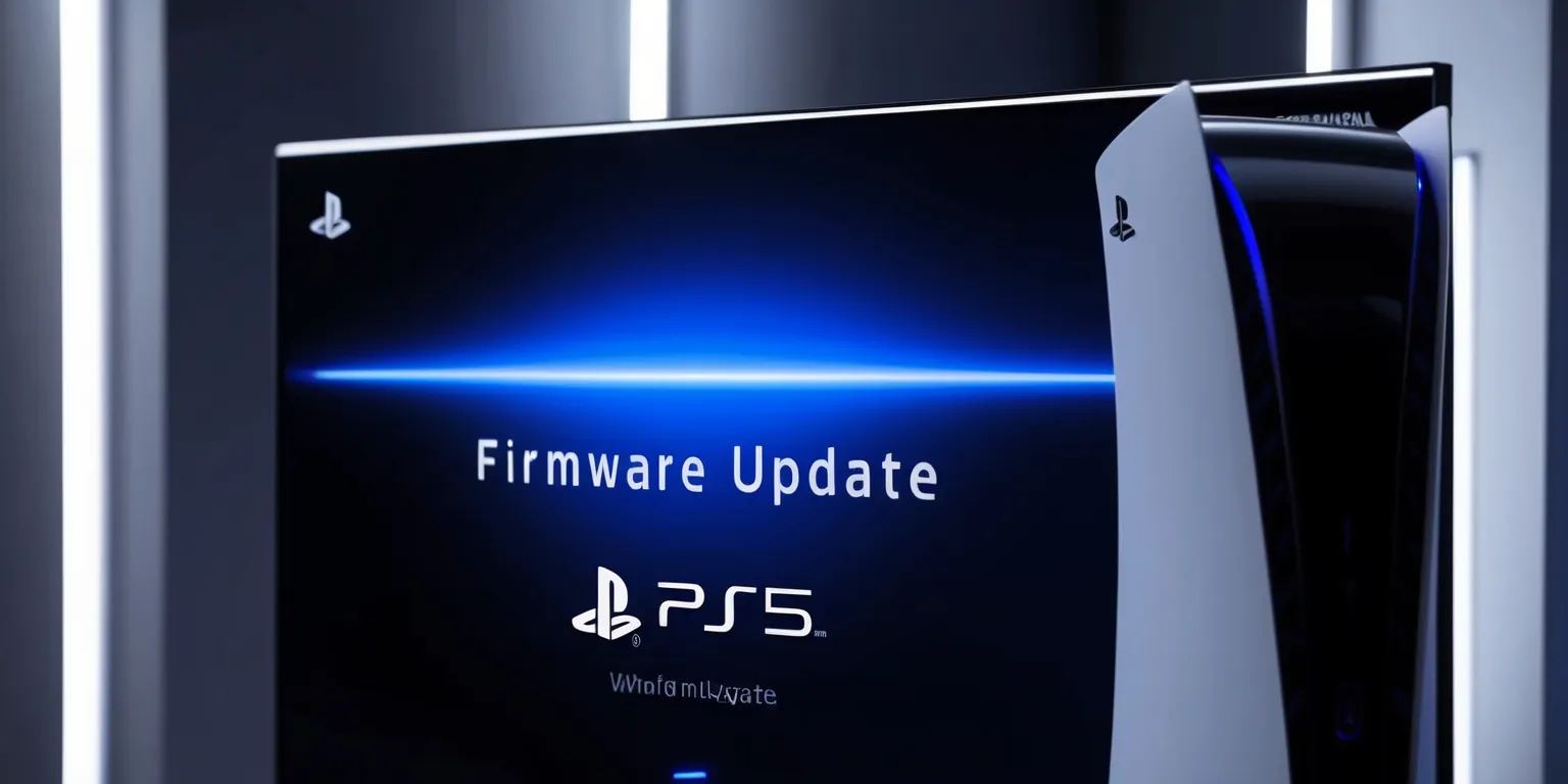 A close-up view of a PlayStation 5 console's screen displaying the firmware update process, with a sleek and modern background, the screen glow illuminating the surrounding area, the update progress bar filling up in a bright blue color, and the PS5 logo prominently visible in white, the console's hardware barely visible in the dimly lit background, with a mix of dark and light grays, the overall aesthetic being futuristic and high-tech, the text on the screen in a clean and simple font, with key details such as the update version and percentage complete clearly visible.