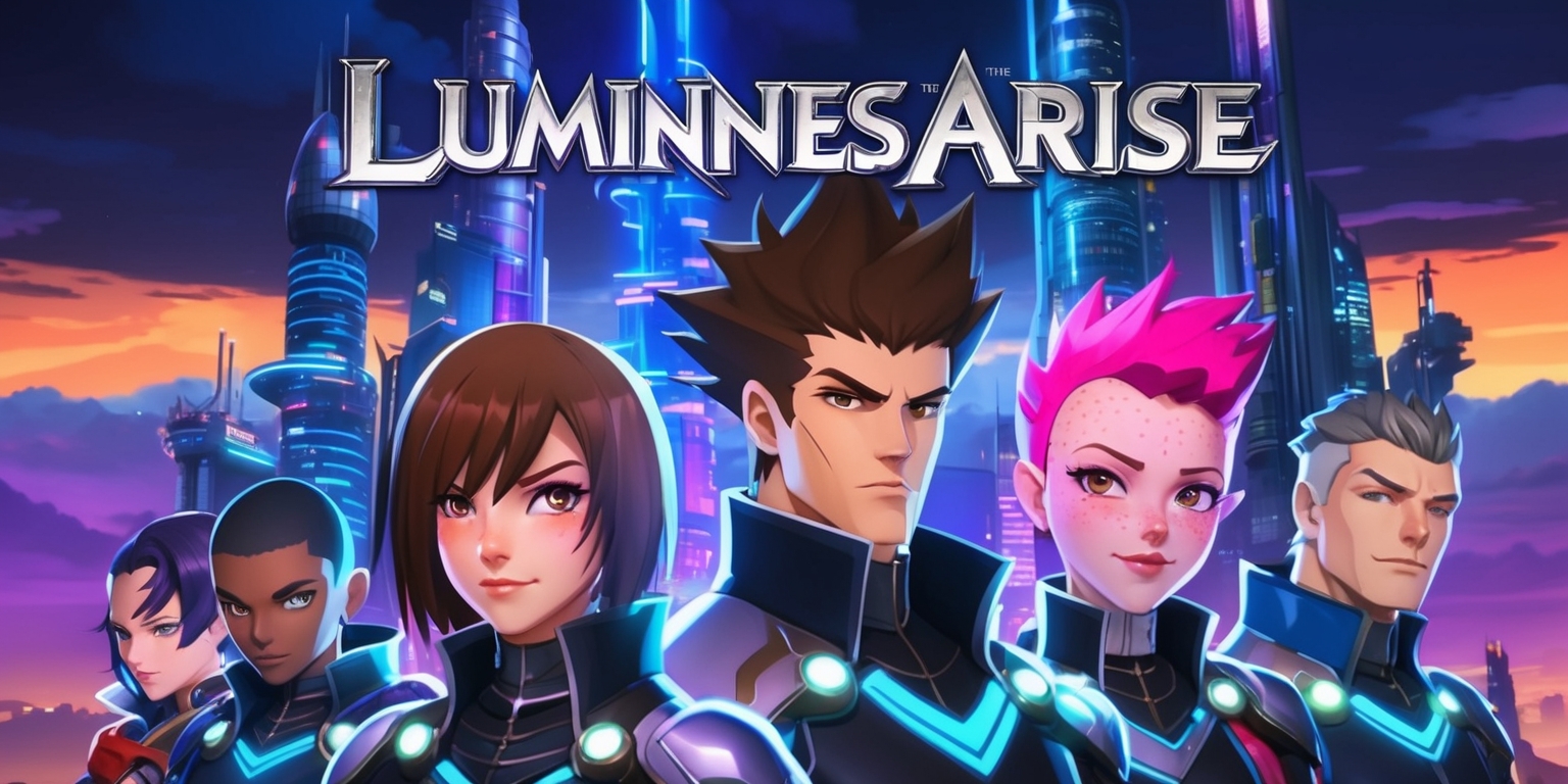 A fantasy role-playing game scene from Lumines Arise, featuring a vibrant and futuristic cityscape with sleek skyscrapers and neon lights, set against a dark blue and purple dusk sky with a warm orange glow on the horizon, the game's logo prominently displayed in bold, silver, and blue letters with a stylized font, in the foreground a group of characters with diverse facial features and skin colors, including a young woman with short spiky hair and brown skin, a man with a strong jawline and pale skin, and an androgynous person with bright pink hair and freckled skin, all dressed in futuristic outfits with metallic accents and glowing accents, the overall style is a mix of Japanese anime and sci-fi elements with clean lines and dynamic posing, the layout is dynamic with characters and buildings overlapping and intersecting in a complex composition.