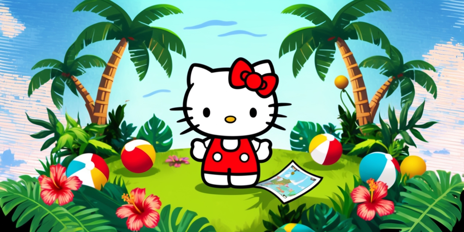 A whimsical illustration of Hello Kitty, the iconic white cat with a bright red bow, standing on a lush green island surrounded by vibrant tropical plants, such as palm trees, hibiscus flowers, and colorful beach balls, amidst a clear blue sky with a few wispy clouds, with a subtle hint of sunlight casting a warm glow, evoking a sense of adventure and exploration, with Hello Kitty's facial expression exuding curiosity and excitement, her big bright eyes shining with wonder, and her paws grasping a treasure map, guiding the viewer to explore the secrets of the island, with the background subtly textured to resemble a vintage video game aesthetic, incorporating bright pastel colors and bold lines, reminiscent of a classic 2D platformer game.