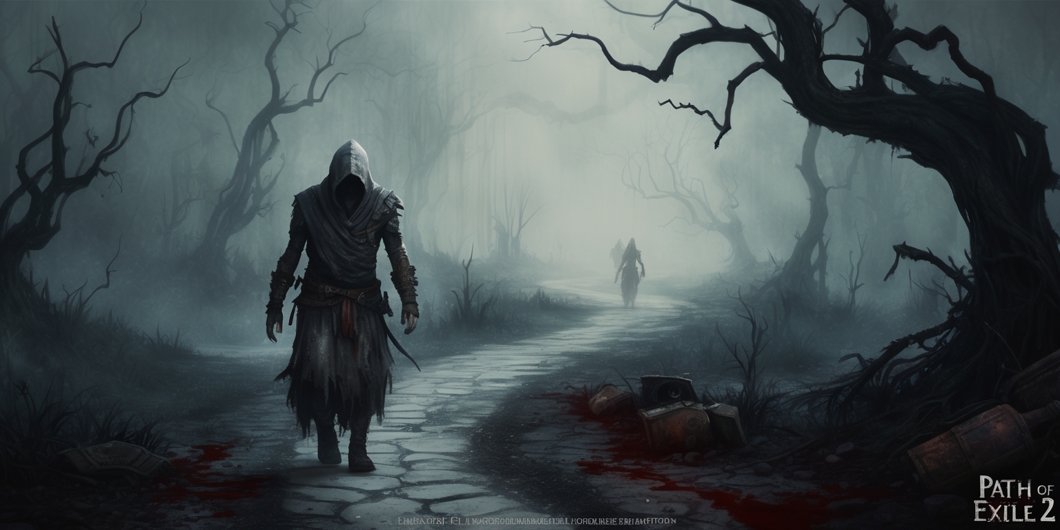 A hauntingly beautiful, dark fantasy landscape inspired by the Path of Exile 2 game, set in a desolate, post-apocalyptic world, with a foreboding, ominous atmosphere, dominated by shades of dark grey, misty blue, and blood red, evoking a sense of danger and mystery. In the distance, a lone, hooded figure, with pale, gaunt skin and worn, tattered robes, trudges along a winding, overgrown path, lined with twisted, gnarled trees, their branches like skeletal fingers reaching towards the sky. The figure's face is obscured, shrouded in shadow, adding to the air of enigma and foreboding. In the foreground, a few, scattered, worn, and rusted equipment and weapons lie abandoned, hinting at a long-forgotten battle or tragedy. The entire scene is bathed in a faint, eerie, ethereal glow, as if the very fabric of reality is unraveling.