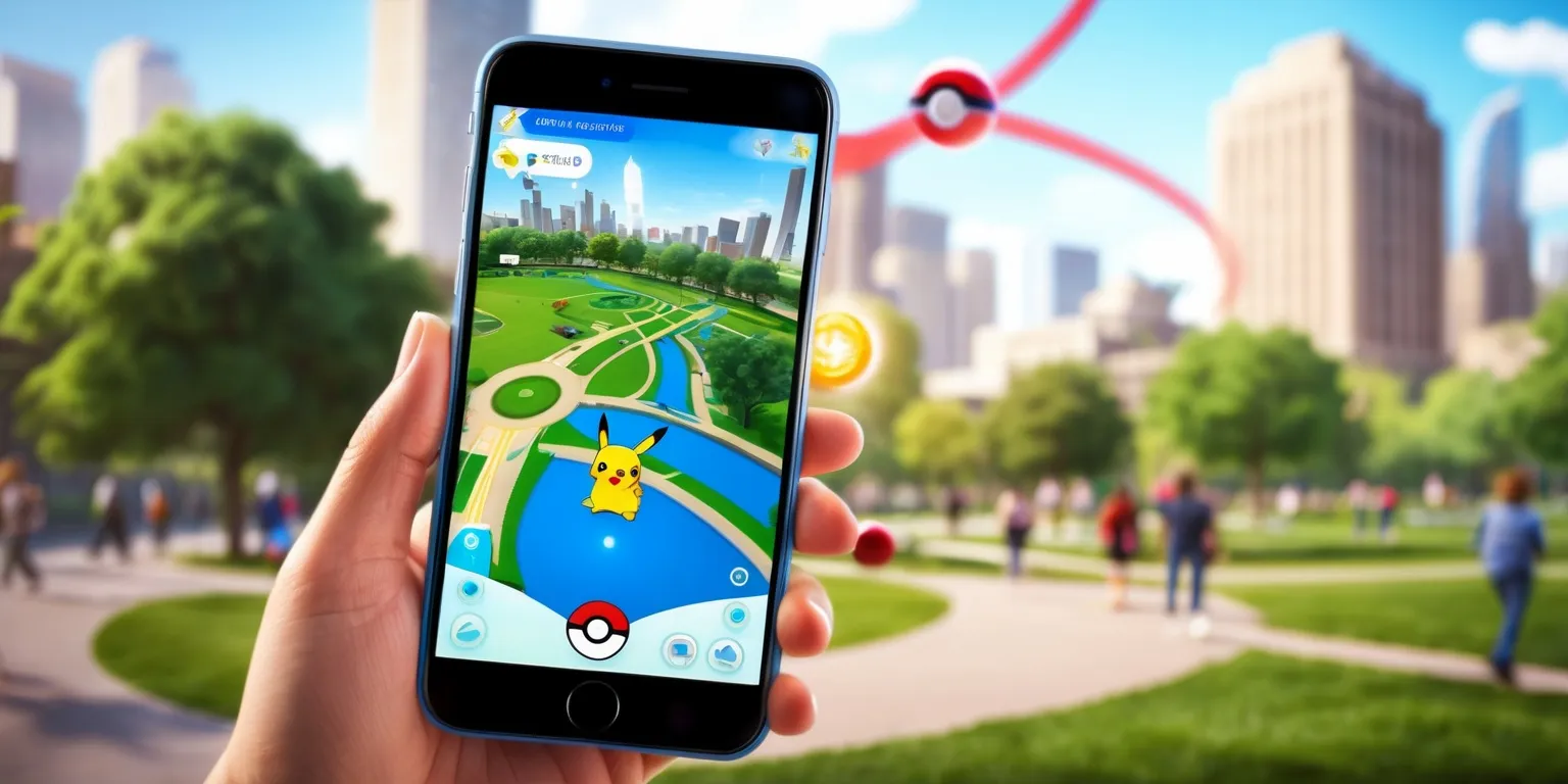 A vibrant promotional scene for Pokémon GO, showing a smartphone displaying the augmented-reality game interface with a colorful Pokémon appearing in a real-world city park. Include a stylized map with roads, landmarks, PokéStops, and glowing interaction markers, along with soft blue and red interface accents, capture controls, and subtle motion effects. Frame the phone in the foreground at a slight angle, with the park, trees, pedestrians, and distant buildings softly blurred behind it. Use polished 3D game-rendered visuals, bright saturated colors, crisp details, playful energy, dynamic lighting, and a clean modern composition that conveys exploration, discovery, and mobile gaming.