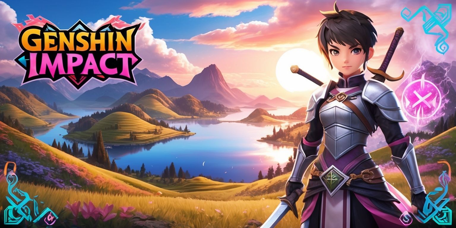 A vibrant digital illustration of the Genshin Impact game, featuring a fantasy open world with rolling hills, majestic mountains, and serene lakes, set against a breathtaking sunset sky with warm colors of orange, pink, and purple, with characters from the game, including a young adventurer with short hair and a determined expression, dressed in sleek armor, standing confidently with their sword at the ready, surrounded by elemental symbols and magical effects, with the game's logo, a stylized font with bold lines and bright colors, prominently displayed in the top left corner, and a subtle texture of traditional Chinese art influences blended with modern anime styles, with intricate details and patterns on the characters' clothing and accessories, all carefully composed to showcase the game's unique blend of exploration, combat, and fantasy elements.