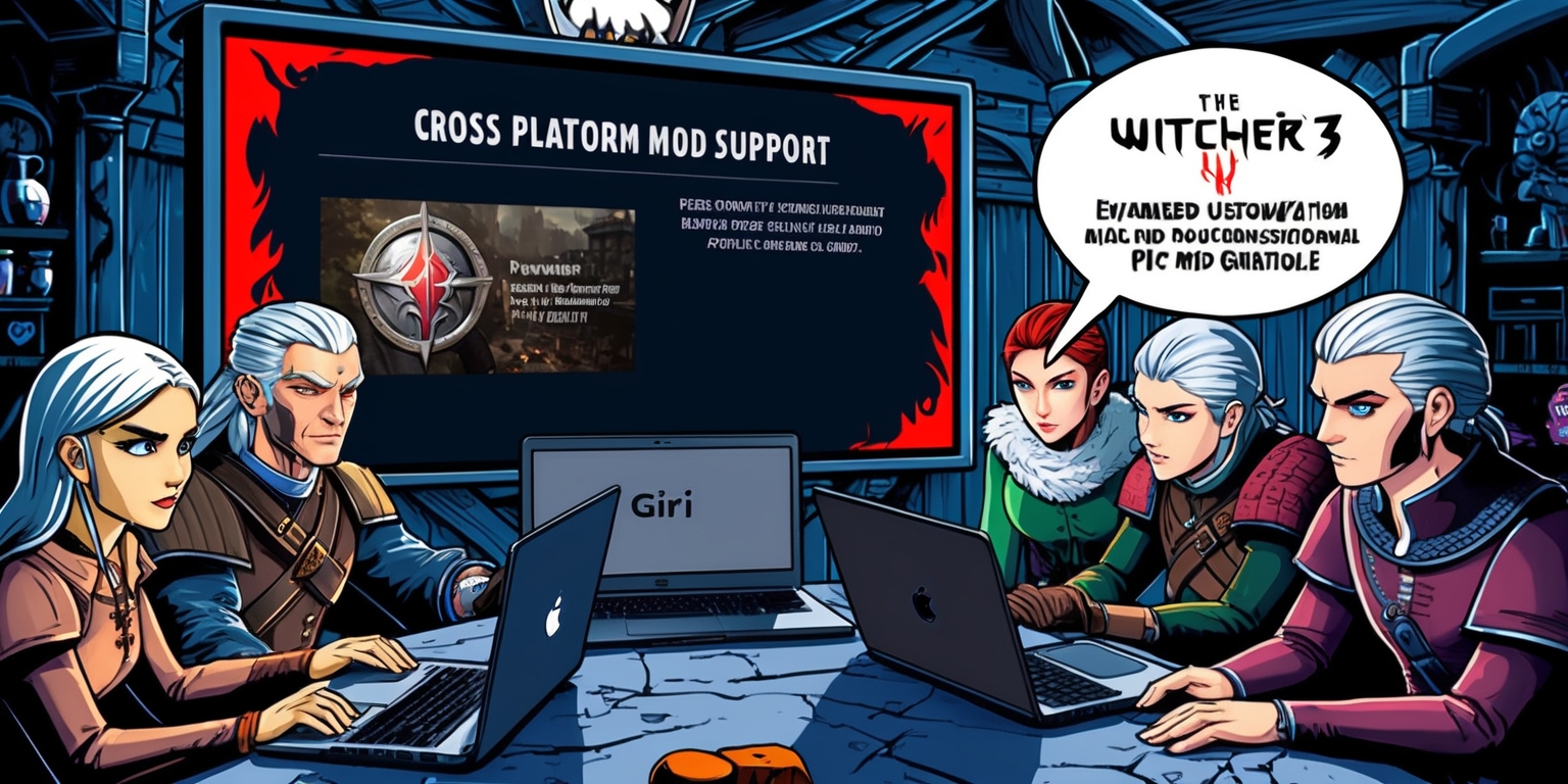 A detailed illustration of a fantasy-themed scene inspired by The Witcher 3 game, with a large screen display in the background showing the game's interface highlighting cross-platform mod support, and a few characters from the game gathered around a table with laptops and consoles, showcasing expanded customization options for PC and console players, the characters have unique facial features and skin colors, with Geralt of Rivia having a strong jawline and piercing eyes, and Ciri having a determined look and silver hair, the room is filled with fantasy elements and gaming accessories, with a color palette of dark blues and grays, and the overall style is a mix of medieval and modern elements, with bold lines and vibrant colors, and a logo of The Witcher 3 game is displayed prominently on the screen.