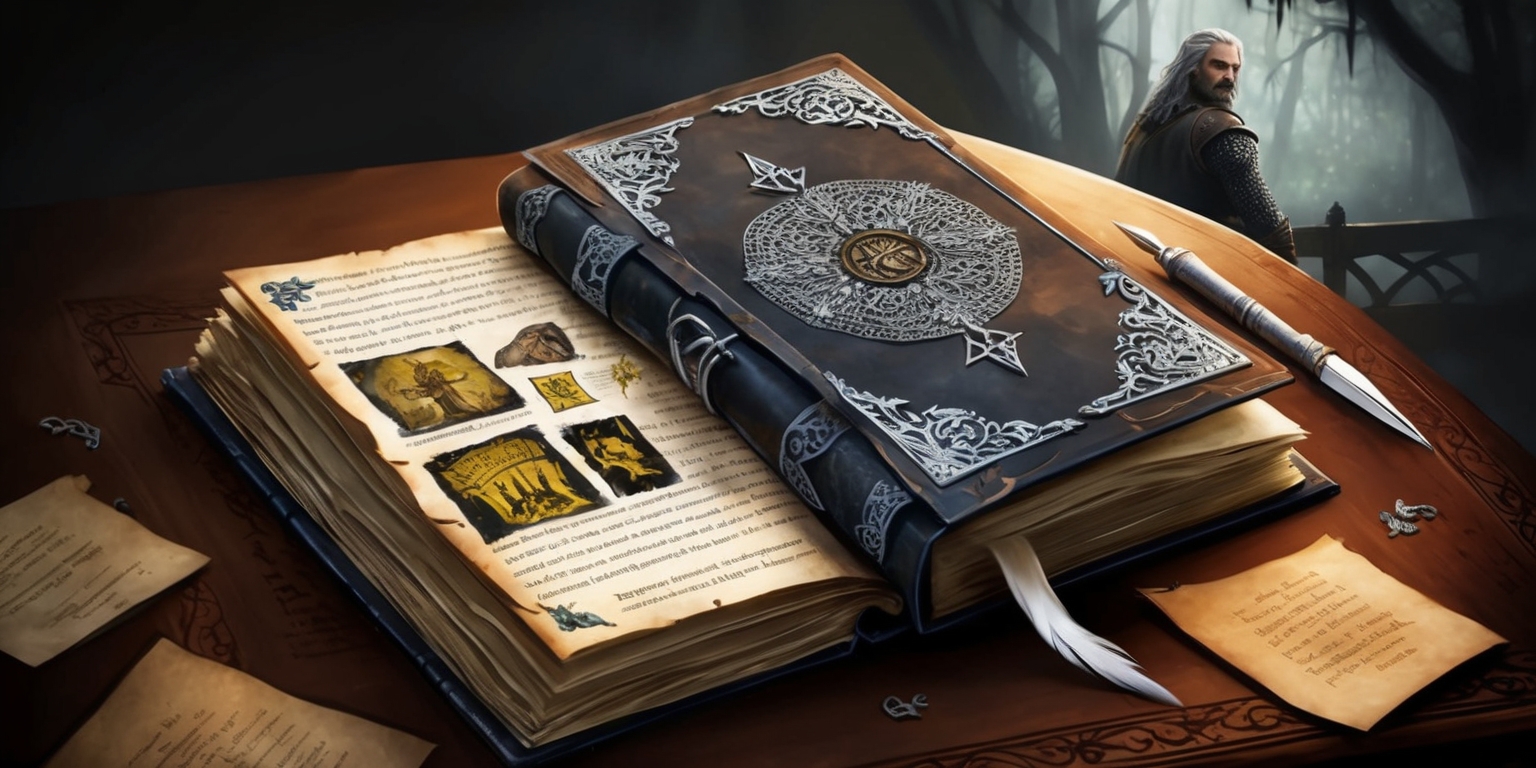 A dimly lit, atmospheric illustration of a worn, leather-bound book, adorned with intricate, silver filigree, lying open on a wooden, ornate desk, with a few scattered, parchment-like documents and a silver-tipped quill pen beside it. In the background, a subtle, faded image of Henry Cavill, dressed as Geralt of Rivia, gazing introspectively into the distance, with a hint of misty, mystical forest landscape behind him. The book's pages display a mix of eerie, medieval-style artwork and cryptic, yellowed texts, evoking the sense of ancient wisdom and mystique. A faint, glowing rune symbol, reminiscent of the Wild Hunt's marking, is embossed on the book's cover. The atmosphere is one of quiet contemplation, with warm, golden lighting and subtle, mysterious shadows. The overall style is a blend of medieval fantasy and modern, digital illustration, with bold lines, textures, and subtle, ambient lighting effects.