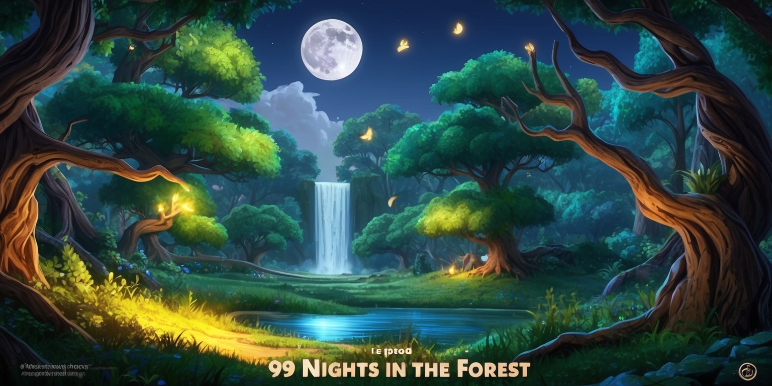 A mystical forest landscape inspired by the 99 Nights in the Forest game, with a focus on vibrant greens and earthy tones, illuminated by soft, warm moonlight, and featuring majestic trees with twisted branches, a serene waterfall in the background, and a few fireflies dancing around, set against a clear night sky with a full moon, incorporating elements of adventure and mystery, with a sense of depth and atmosphere, inviting the viewer to explore the secrets of the forest, where ancient trees stretch towards the sky and the sound of the waterfall echoes through the night air, all rendered in a highly detailed, realistic style with intricate textures and expressive lighting.
