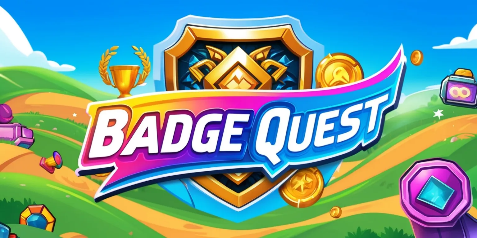 A colorful digital illustration of the Badge Quest game, featuring a vibrant landscape with rolling hills and a bright blue sky, a prominent quest badge displayed prominently in the center, with intricate details and golden accents, surrounded by various game elements such as trophies, coins, and power-ups, with a mix of bold and pastel colors, and a stylized font displaying the game's logo in a curved line above the badge, with the words Badge Quest written in a futuristic, cursive style, with a subtle gradient effect to give it a sense of depth and dimension.