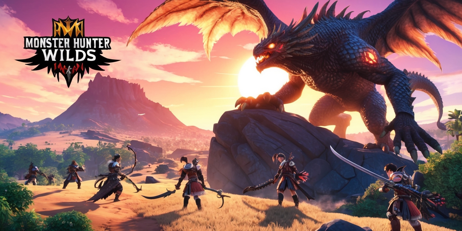 A fantastical landscape from the Monster Hunter Wilds game, set during a warm sunset with a vibrant orange and pink sky, featuring a massive, scale-covered Diablos-like monster standing atop a rocky mountain, its eyes glowing with an fiery inner light, surrounded by a mix of lush green forests and arid desert terrain, with a few scattered hunters in the distance, clad in intricately designed armor with a mix of leather, metal, and mysterious glowing accents, each with unique facial features and determined expressions, armed with an assortment of oversized swords, bows, and guns, as the monster's wings stretch wide, casting a dramatic shadow across the landscape, with the game's logo, a stylized MHW emblem, subtly integrated into the composition.