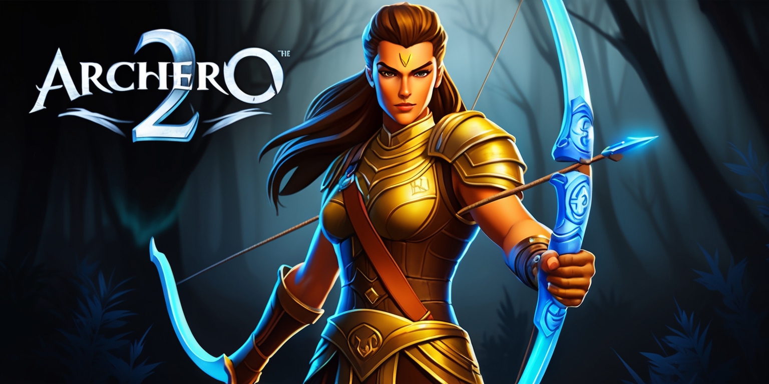 A vibrant, action-packed illustration of the Archero 2 game, set against a dark, misty forest background with subtle, glowing blue accents, evoking a sense of mystery and magic. In the foreground, a powerful, armor-clad archer stands tall, with intricate, golden armor details and a determined expression on their strong, chiseled face, illuminated by soft, warm light. The archer's skin has a warm, golden undertone, and their long, flowing hair is a rich, dark brown. They hold a sleek, glowing blue bow, adorned with mystical symbols, in their steady hand. The game's logo, a stylized, bold font with the words Archero 2 in shimmering silver, is emblazoned across the top of the image, with a subtle, curved shape, reminiscent of a bow's trajectory. The overall style is a mix of fantasy and adventure, with bold lines, vibrant colors, and dynamic composition.