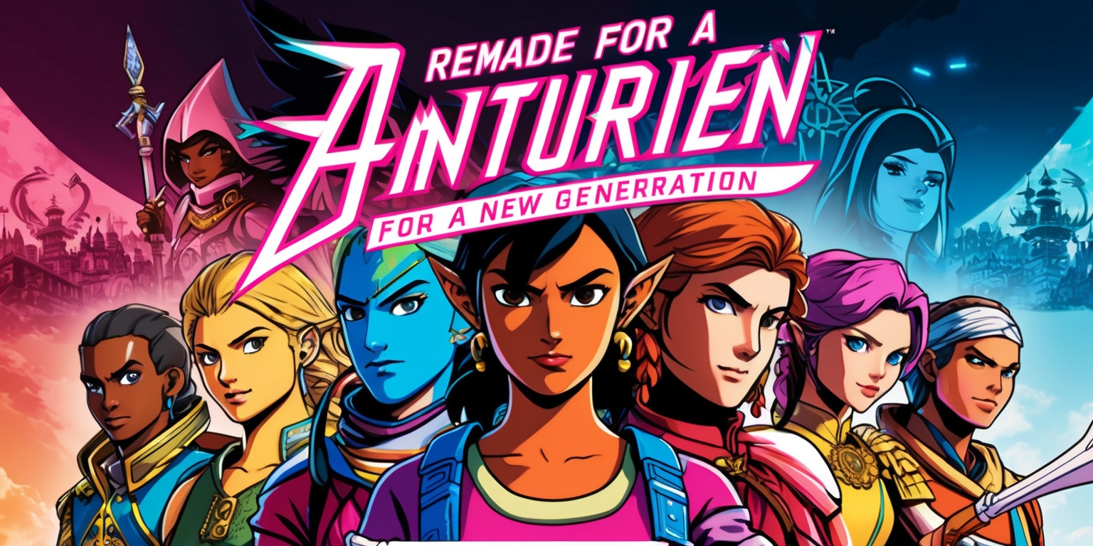 A vibrant and nostalgic video game cover art featuring a group of diverse adventurers, with distinct facial features, varying skin colors, and unique attributes, set against a stylized fantasy world backdrop, blending traditional and modern elements, with bold typography and striking color schemes, incorporating iconic symbols and motifs from the original game, and presented in a widescreen layout with ample negative space, with the game's title prominently displayed in a futuristic, neon-lit font, and the tagline Remade for a New Generation written in a curved line above the title, in a sleek, metallic font.