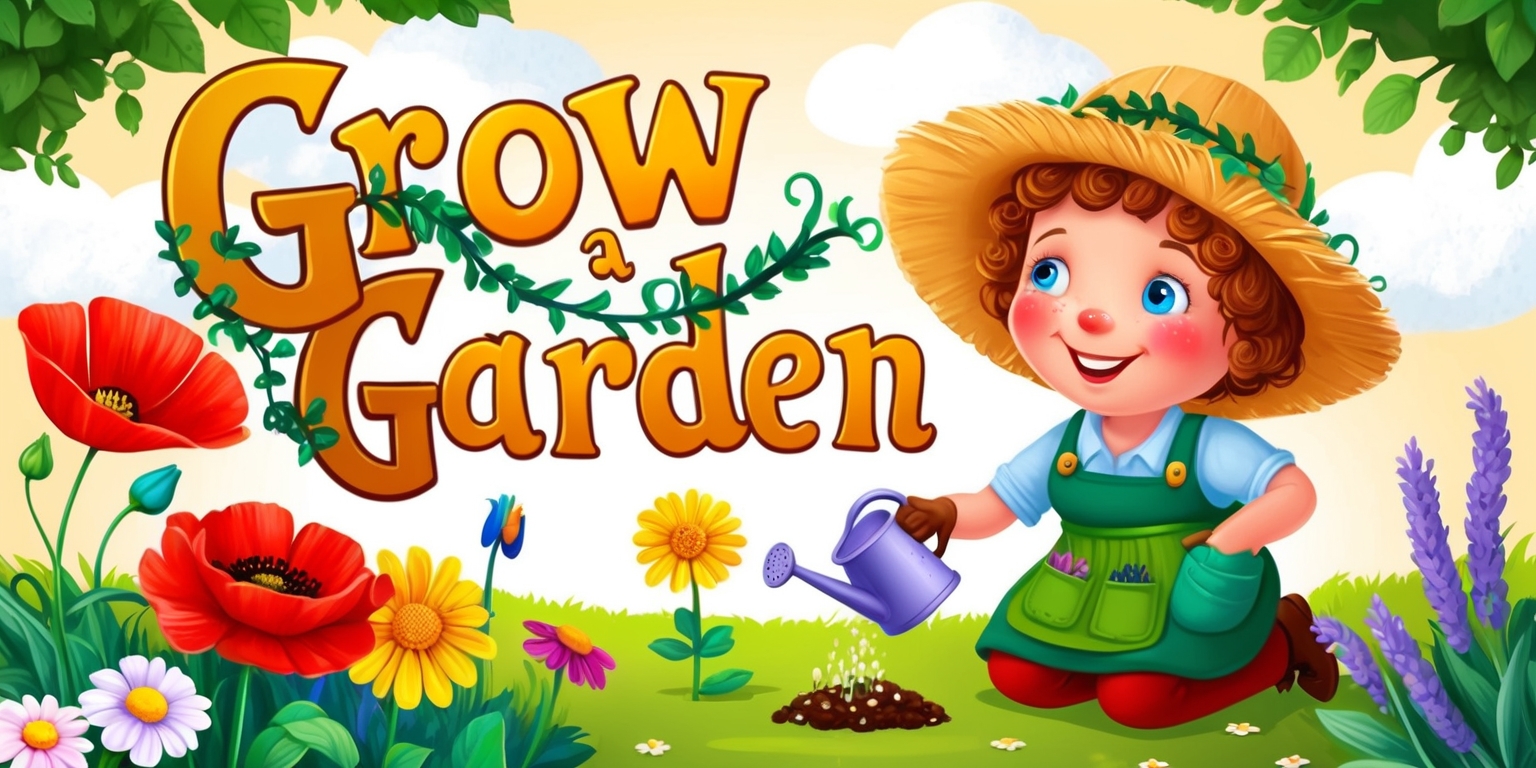 Illustrate a vibrant, whimsical Grow a Garden game scene with a mix of colorful flowers, lush greenery, and animated gardening tools, set against a warm, sunny background with fluffy white clouds. The game's title, Grow a Garden, is displayed prominently in bold, curly, golden font with leaves and vines wrapping around the letters. A smiling, rosy-cheeked gardener with bright blue eyes and curly brown hair is kneeling in the center, surrounded by a variety of blooming flowers, including red poppies, yellow daisies, and purple lavender. The gardener is wearing a wide-brimmed straw hat, a green apron with pockets full of seeds, and is gently watering a small sapling with a delicate, porcelain watering can. The overall style is reminiscent of classic children's book illustrations, with bold lines, soft textures, and a sense of wonder and magic.