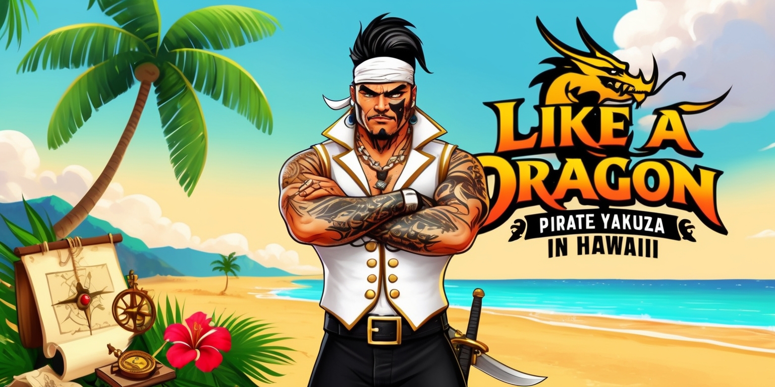 A vibrant, colorful illustration of a fictional game cover for Like A Dragon: Pirate Yakuza in Hawaii set against a warm, sunny Hawaiian beach backdrop with swaying palm trees, featuring the main character, a rugged, tattooed Japanese mafia member-turned-pirate, dressed in a white, gold-buttoned vest, black pants, and a bandana, standing confidently with his arms crossed, showcasing his menacing, scarred face with a bold, black pompadour hairstyle and a silver earring, surrounded by hints of pirate paraphernalia, such as a treasure map, antique compass, and a samurai sword, with a iconic, golden dragon emblem on his vest, amidst a subtle, gradient blue-and-orange sky with fluffy white clouds, and bold, stylized Japanese typography for the game title, incorporating tropical elements, such as hibiscus flowers and surfboards, in a fun, energetic, and action-packed composition.