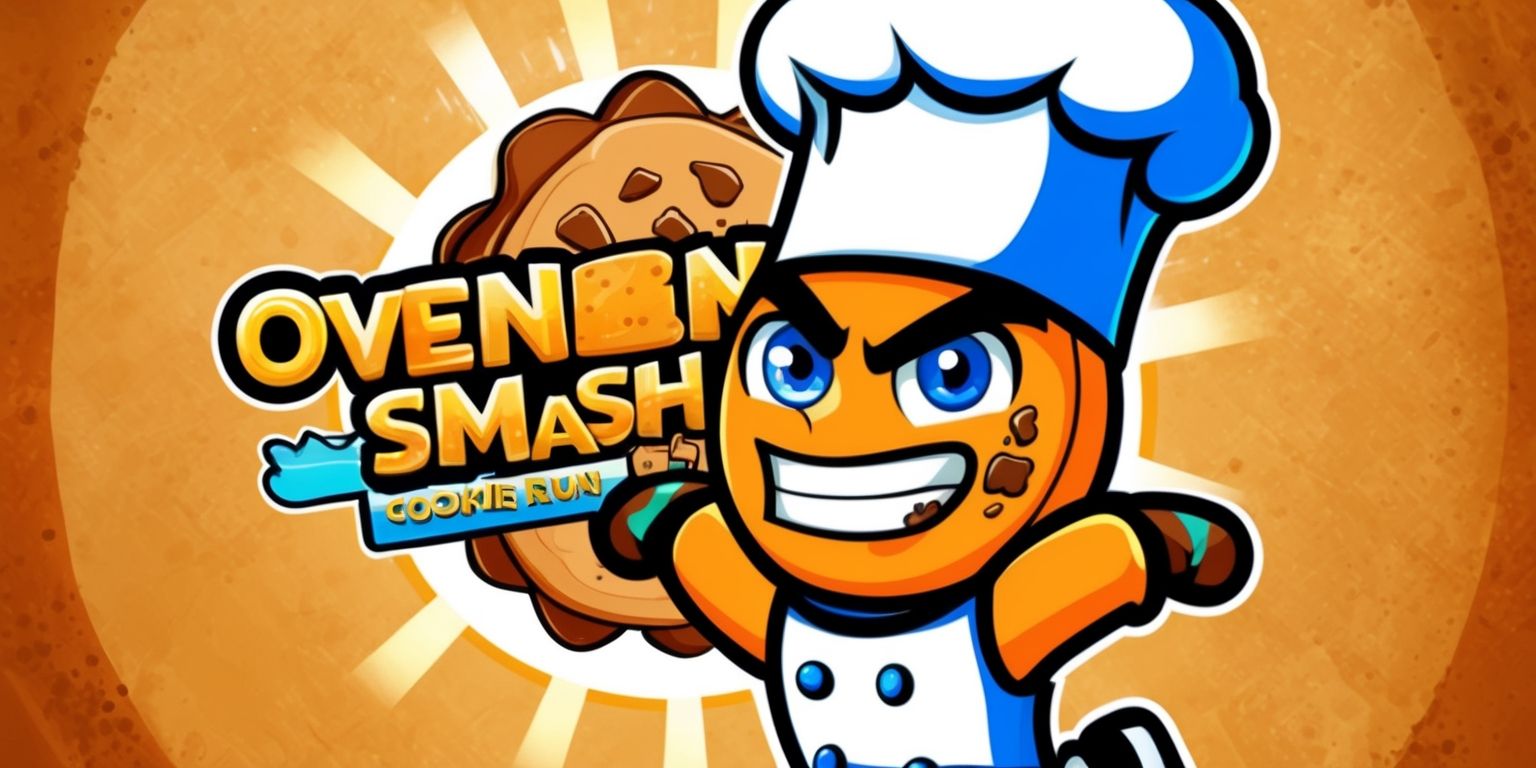 A colorful illustration of the OvenSmash game character from Cookie Run, featuring a cartoonish cookie with a determined expression, vibrant blue eyes, and a smudge of cookie crumbs on its cheek, set against a warm, golden-brown background with a subtle texture resembling baked goods, with the character standing in a powerful pose, wearing a chef's hat and a confident smile, and incorporating elements of baking and confectionery in the design, with bold lines, bright colors, and dynamic composition, and the OvenSmash character taking center stage, highlighting its unique personality and charm.