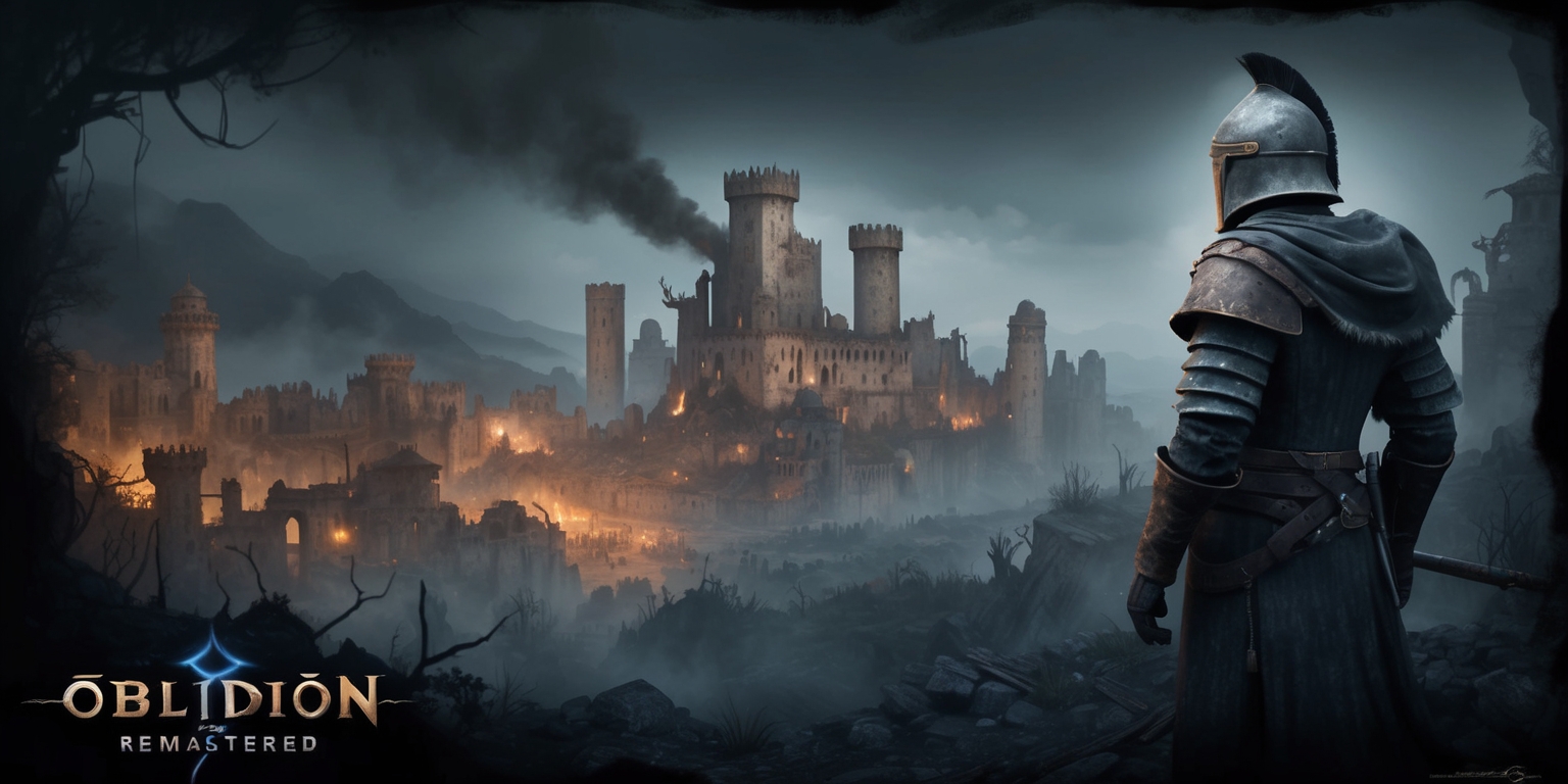 A hauntingly beautiful digital artwork depicting the post-apocalyptic world of Cyrodiil from the Oblivion Remastered game, set against a dark, misty grey background, with the sprawling city of Kvatch in the distance, its buildings and towers partially destroyed, smoke billowing from the ruins, and the iconic Kvatch Castle standing tall in the center, its stone walls weathered and worn. In the foreground, a lone figure stands, a helmeted Imperial guard clad in worn, rustic armor, gazing out at the desolate landscape, their face obscured by the shadows of their helmet. The atmosphere is eerie and foreboding, with hints of mystical energy emanating from the ancient, crumbling structures. The color palette is muted, with shades of grey, brown, and dark blue dominating the scene, punctuated by flickers of warm, golden light from the few remaining torches and fires. The artwork is rendered in a highly detailed, realistic style, with intricate textures and subtle lighting effects that evoke a sense of immersion and wonder.