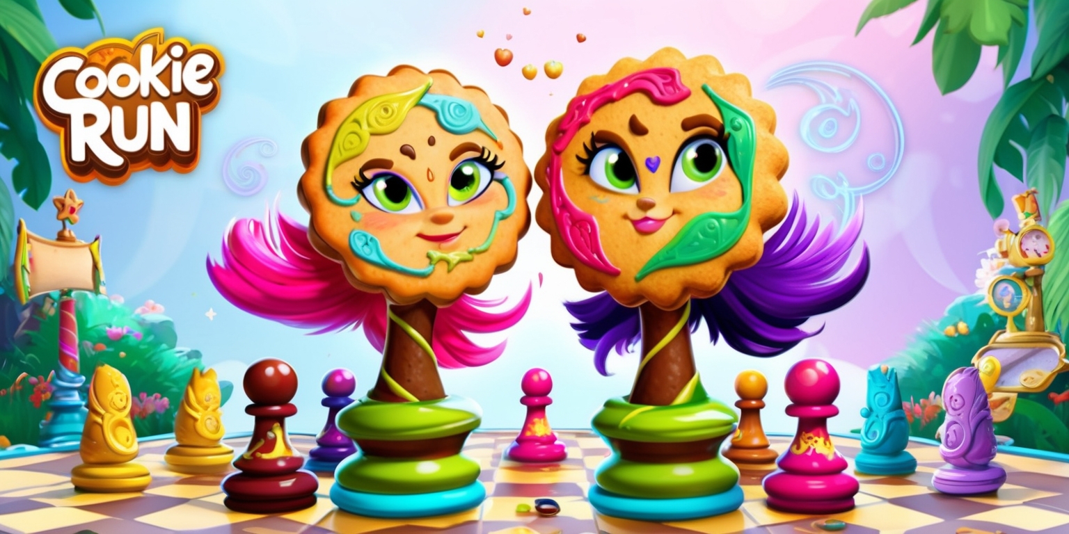 A vibrant, digital illustration of the Cookie Run Kingdom game, featuring a dynamic duo of cookies with distinct, colorful designs, and intricate details, set against a soft, pastel-hued background, with the cookies positioned like chess pieces on a virtual board, surrounded by lush, whimsical environments, and adorned with customization options, showcasing the game's strategic gameplay, and creative visuals, with the cookies' facial features, and unique attributes, such as sparkling eyes, and delicate, swirly patterns, taking center stage, and the game's logo, in a bold, modern font, with a bright, golden color, and a subtle, shimmering effect, prominently displayed in the top left corner.