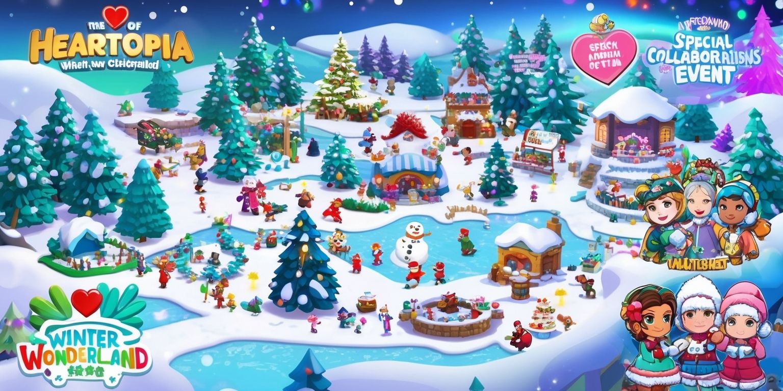 A vibrant winter wonderland scene set in the virtual world of Heartopia, with snow-covered trees, frozen lakes, and rolling hills, where players engage in dynamic challenges and creative in-game activities, such as building snowmen, having snowball fights, and participating in social gatherings, all while surrounded by a festive atmosphere with twinkling lights, colorful decorations, and special collaborations, featuring a variety of characters with unique facial features, skin colors, and winter clothing, with bold typography and logos of the game and event, in a mix of bright and pastel colors, with a mix of realistic and stylized graphics, and a layout that showcases the excitement and joy of the seasonal event.
