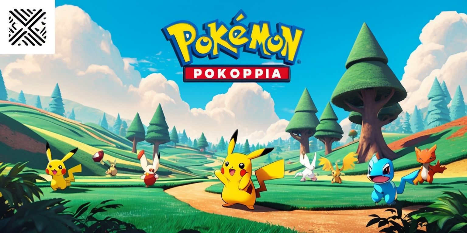 A vibrant and detailed illustration of the Pokopia game, featuring a central landscape with rolling hills and towering trees, set against a bright blue sky with fluffy white clouds, with various Pokémon roaming freely in the foreground, including a few iconic characters such as Pikachu and Charizard, all rendered in a VFX style with intricate textures and lighting effects, with a subtle nostalgic tone and a sense of adventure, incorporating a mix of earthy tones such as green and brown, with accents of bright colors like red and yellow, and a bold typography for the game's logo in the top left corner, with clean lines and a modern font style.