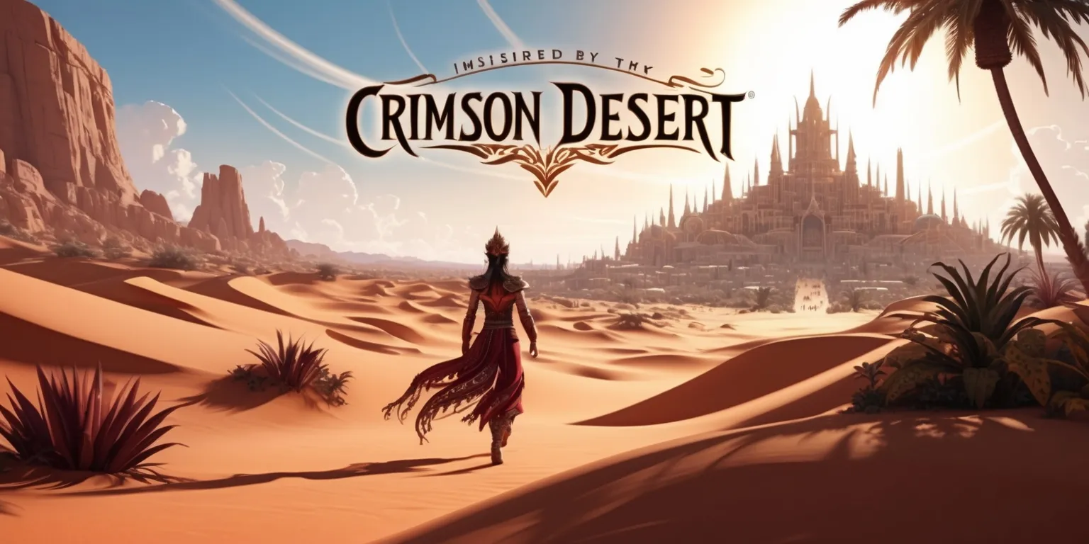 A vast and intricate landscape inspired by the Crimson Desert game, with a warm and inviting color palette dominated by shades of crimson and gold, set against a backdrop of endless dunes and majestic rock formations, under a bright and radiant sky with a few wispy clouds, featuring a lone figure in the distance, clad in ornate and flowing attire, with intricate facial features and sun-kissed skin, walking towards a sprawling and ancient-looking city in the horizon, with intricately designed architecture and majestic spires, surrounded by palm trees and other exotic vegetation, with a sense of mystique and adventure filling the air, and a subtle hint of magic and wonder, with the game's logo subtly integrated into the scene, in a bold and elegant font, with the title written in a curved line above the cityscape.